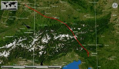 Flight track from Stuttgart to Slovenia on a satellite view.